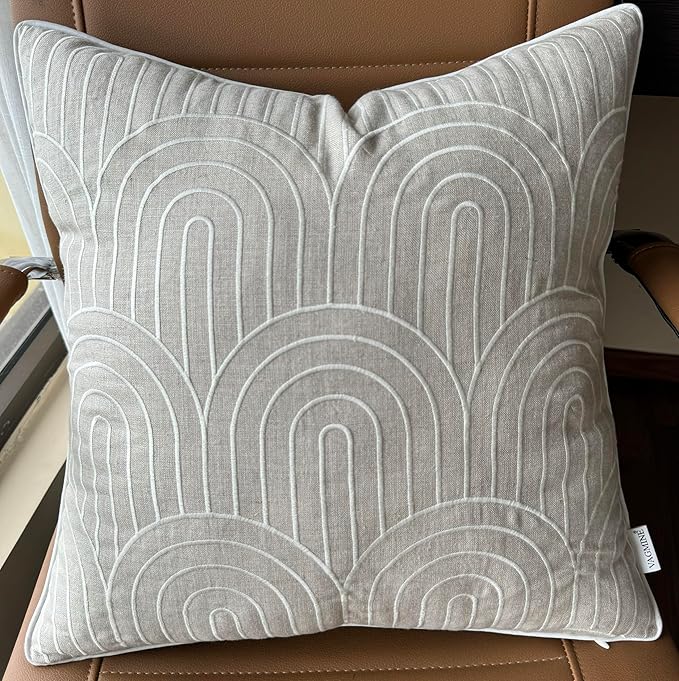 VAGMINE Embroidered Geometric Throw Pillow Cover - 18x18 Inches Square - 100% Linen Natural Decorative Cushion Cover - Elegant Embroidery - Minimalist Accent for Sofa, Bed, Couch, Farmhouse Décor-Ruum Studio Home