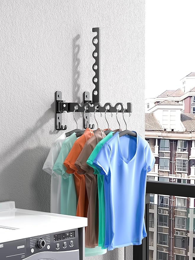 Dr.DJ Wall Hanger for Clothes, Coat Hanger Mounted Matte Black Retractable Clothes Drying Organizer Rack Garment Hooks Aluminium Folding Indoor Space Saver (2 Racks) Black-Ruum Studio Home