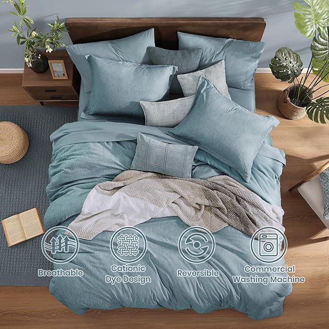 Monbix Queen Comforter Set - 7 Pieces Dusty Blue Cationic Dyeing Bed in a Bag Queen Bedding Sets with Sheets, Pillowcases & Shams, Reversible Bedding Comforters-Ruum Studio Home