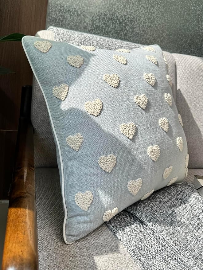 VAGMINE Hand Embroidered French Knotted Hearts Pillow Cover - 18x18 Inches Square - 100% Cotton Robins Egg Decorative Cushion Cover - Romantic Gift for Couples - Valentine’s Bedroom Decor-Ruum Studio Home