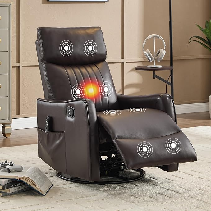 Manual Swivel Rocker Recliner Chair for Adults, Overstuffed Reclining Glider Chair for Nursing with Vibration Massage & Heat, Living Room Rocking Recliner 2-Stage backrest, Faux Leather Brown-Ruum Studio Home