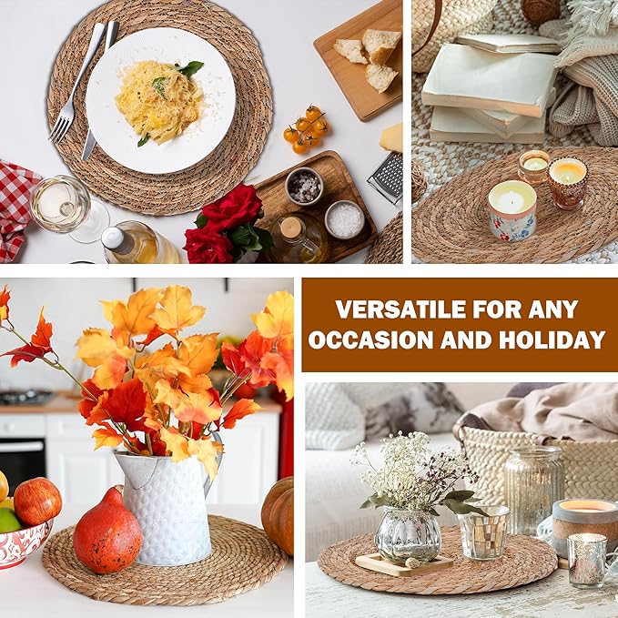 Defined Deco Woven Placemats Set of 10, 13" Round Rattan Placemats,Natural Hand-Woven Water Hyacinth, Farmhouse Weave Place Mats, Rustic Braided Wicker Table Mats for Dining Table, Home, Wedding-Ruum Studio Home