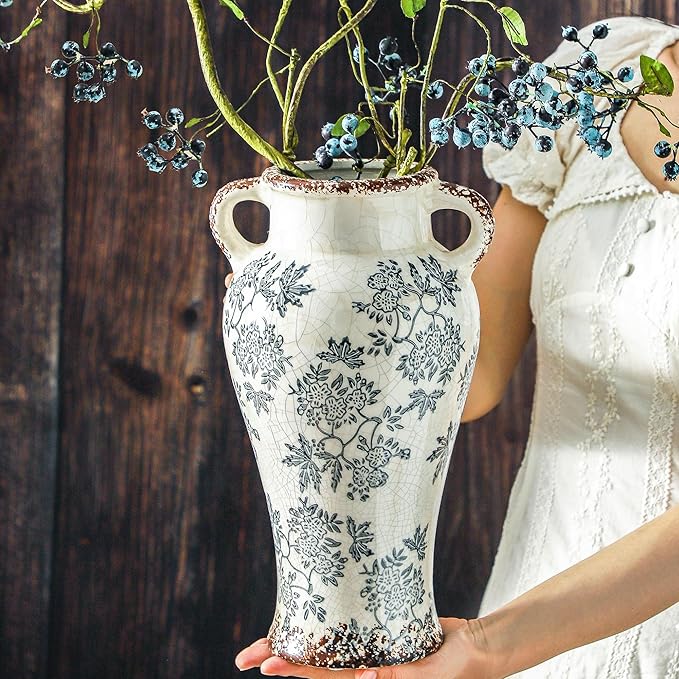 Enra Vintage vase with Handle,12.6 inch Blue and White Ceramic Decorative Flower vase, Chinoiserie Floral Vase,Large Rustic Vases for Home Decors, Living Room, Bookshelf, Office-Ruum Studio Home