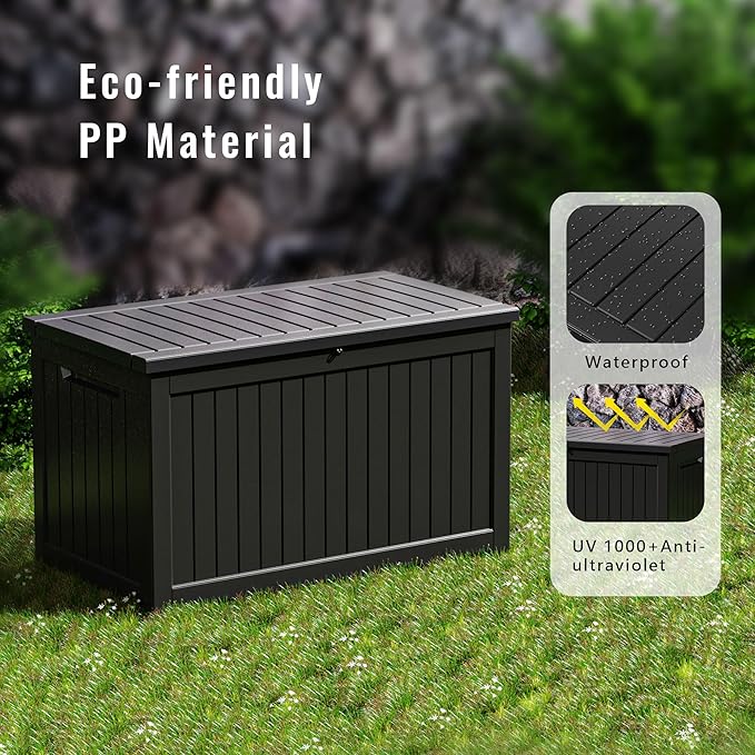 DRATO 230 Gallon Deck Box, Outdoor Large Waterproof Resin Storage Box with Lockable Lid for Patio Cushions, Gardening Tools, Sports Equipment, Black-Ruum Studio Home