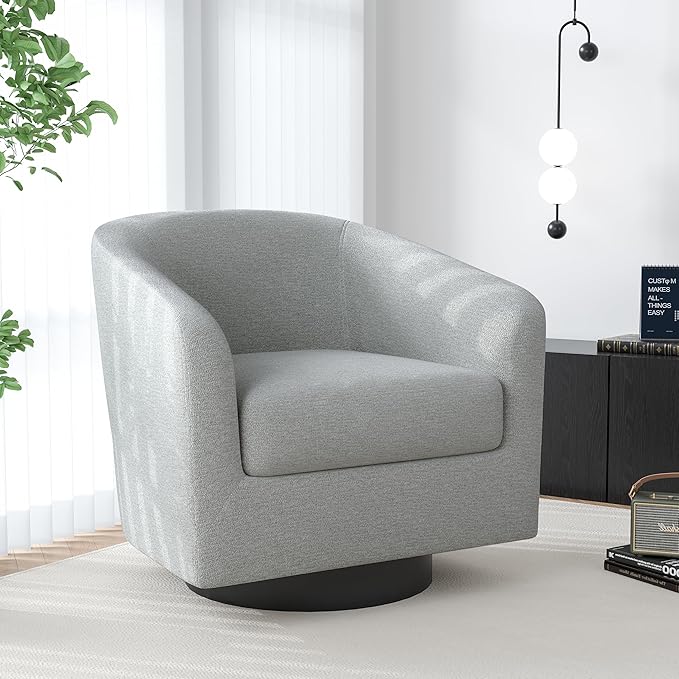 Swivel Barrel Accent Chair, Modern Round Chenille Fabric Arm Chair for Living Room, Bedroom, Comfy Club Reading Chairs for Adults（Chenille Fabric, Light Grey, Set of 1-Ruum Studio Home