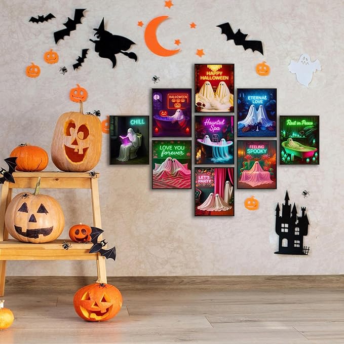LANCHI95 Halloween Ghosts Wall Art Halloween Wall Art Gothic Romantic Couple Cute Ghost Wall Decor Pictures Horror Wall Decor for Living Room Bedroom, Set 9pcs - 8x10 in (UNFRAMED)-Ruum Studio Home