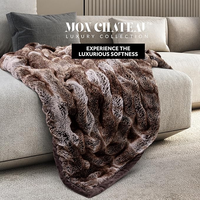 Mon Chateau Premium Reversible Luxury Faux Fur Throw for Couch, Sofa, or Bed - Plush Cozy Soft Blanket for Sleeping or Home Décor, 60" x 70" (Ruched Dark Brown)-Ruum Studio Home