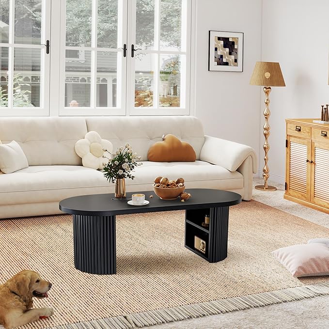 Oval Fluted Coffee Table, 47" Farmhouse Wood Coffee Table Mid Century Modern Center Table Boho Living Room Tables for Living Room Office,Black-Ruum Studio Home