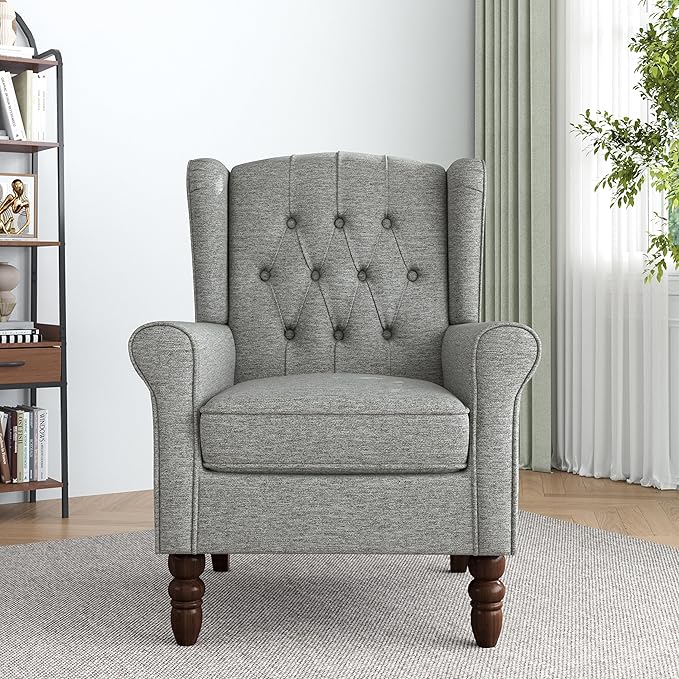 Lumibee High Back Accent Chair,Upholstered Wingback Armchair with Solid Wood Legs for Small Spaces,Comfy Single Sofa Chair for Living Room,Bedroom,Office-Light Gray-Ruum Studio Home