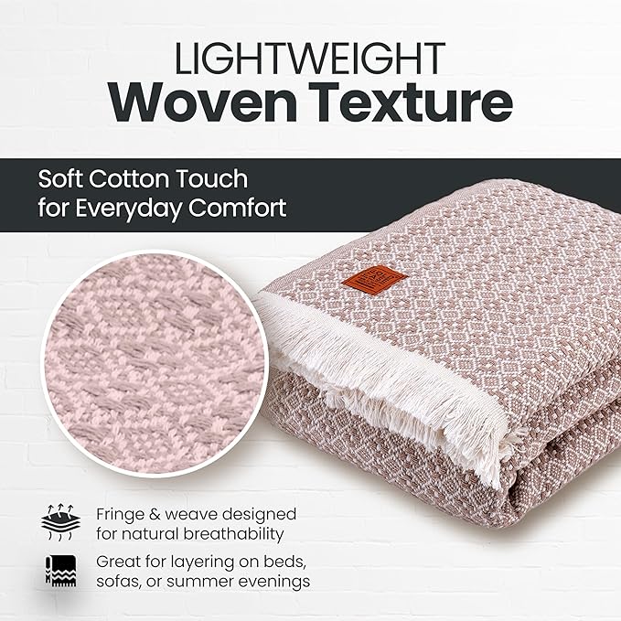 Gold Case Throw Blanket for Bed – 100% Recycled Turkish Cotton Bed Blanket – Decorative Throw Cotton Blankets for Living Room & Bedroom – Retro Beige Woven Queen Blankets – 90x90-Ruum Studio Home