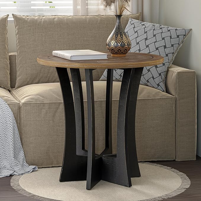 Farmhouse Round End Table X 2P with Criss-Cross Wood Legs, Rustic French Country Side Table for Dinning or Living Room, Modern, Black, Natural Wood-Ruum Studio Home