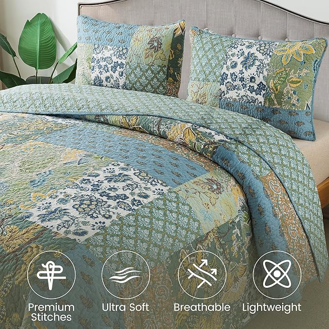NEWLAKE Cotton Patchwork Bedspread, 3-Piece Bedding Quilt Set with Real Stitched Embroidery, Reversible Matelasse Bed Coverlet Set,Green Farmhouse Garden,King Size-Ruum Studio Home