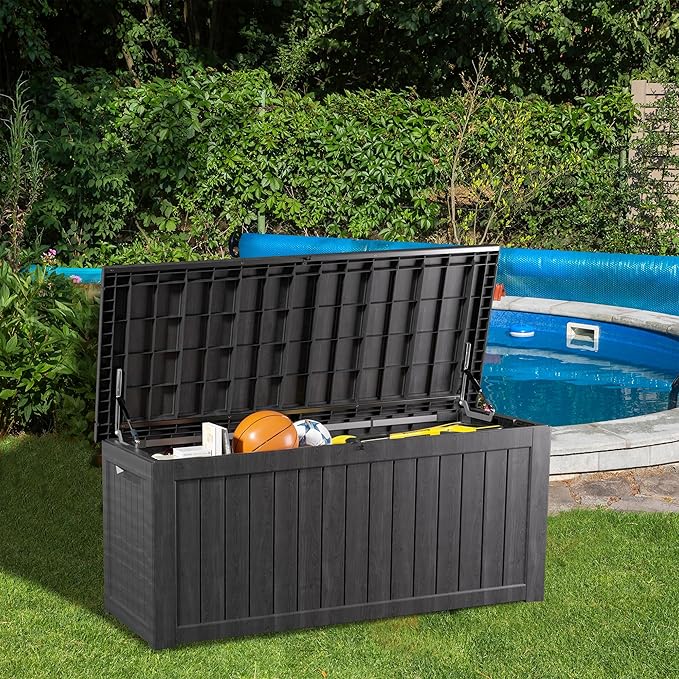 200 Gallon Lockable Resin Deck Box, Waterproof & UV-Resistant Outdoor Storage Box for Outdoor Cushion Storage, Garden Tools & Pool Accessories Storage, Black-Ruum Studio Home