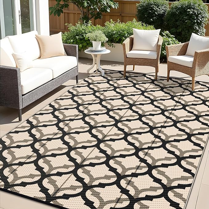 OLANLY Reversible Outdoor Rug 9x12 ft Clearance, Waterproof Outdoor Plastic Straw Rug with Interlacing Pattern, RV Mat for Patio, Camping, Balcony, Deck, Backyard, Black & Beige-Ruum Studio Home
