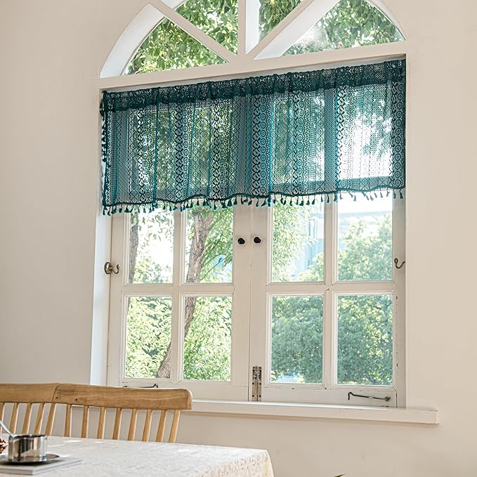 Sutuo Home Boho Valance Curtains for Kitchen Crochet Lace Sheer Bohemian Hollow Knitted with Tassels, Privacy Vintage Rustic Farmhouse Drapes, Rod Pocket 1 Panel 59" W x 18" L, Turquoise-Ruum Studio Home