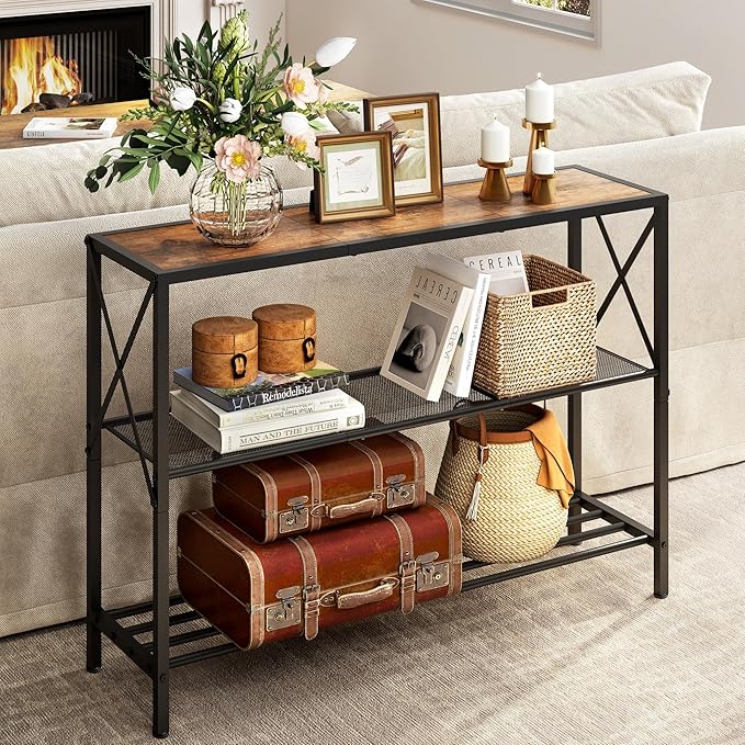 Hoctieon Industrial Console Table, 3 Tier Entryway Table, Hallway Table, Narrow Sofa Table with Shelves, Entrance Table for Entryway, Living Room, Foyer, Hallway, Office, Rustic Brown&Black-Ruum Studio Home