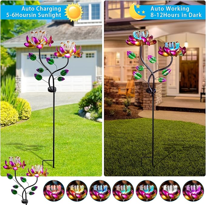 55'' Solar Powered Kinetic Wind Spinner Sculpture Pink Lotus Metal Stake Spinner for Patio, Lawn and Garden Decor Weather-Resistant Outdoor Art with Dual Lotus Design-Ruum Studio Home