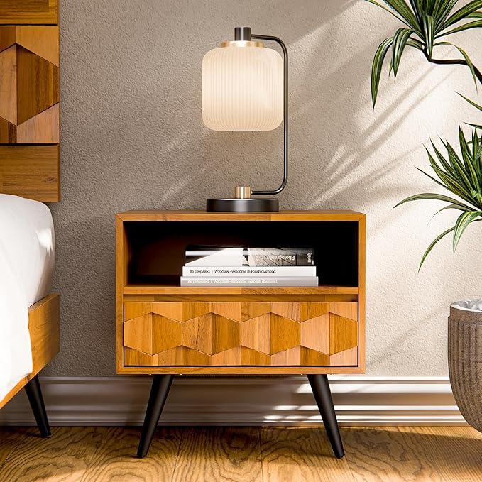 Bme Georgina Solid Wood Nightstand With 1 Drawer & Open Shelf- Fully Assembled Mid Century Modern Side Table - Geometric Pattern Bedside Dresser for Bedroom and Living Room-Ruum Studio Home