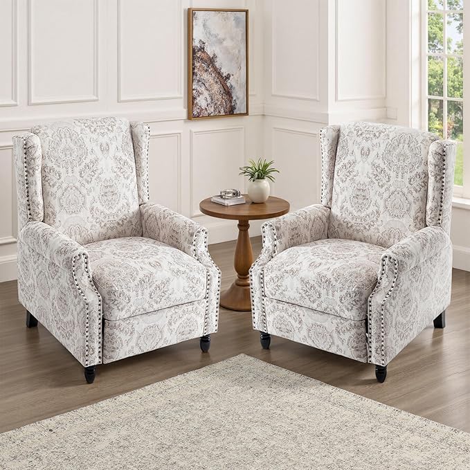 UIXE Recliner Chairs Set of 2, Fabric Upholstered Armchair Pushback Accent Chair for Living Room, Floral Rivet Trim Club Chair Home Theater Single Sofa Bedroom Side Reading Seat - Beige Pattern-Ruum Studio Home