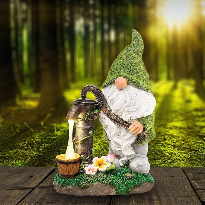 TERESA'S COLLECTIONS Resin Garden Gnomes Decor with Solar Lights, Fathers Gifts, Green Outdoor Decorations for Porch Patio, Gifts for Dad and Mom，Outdoor Garden Decor Ornaments for Outside, 10"-Ruum Studio Home