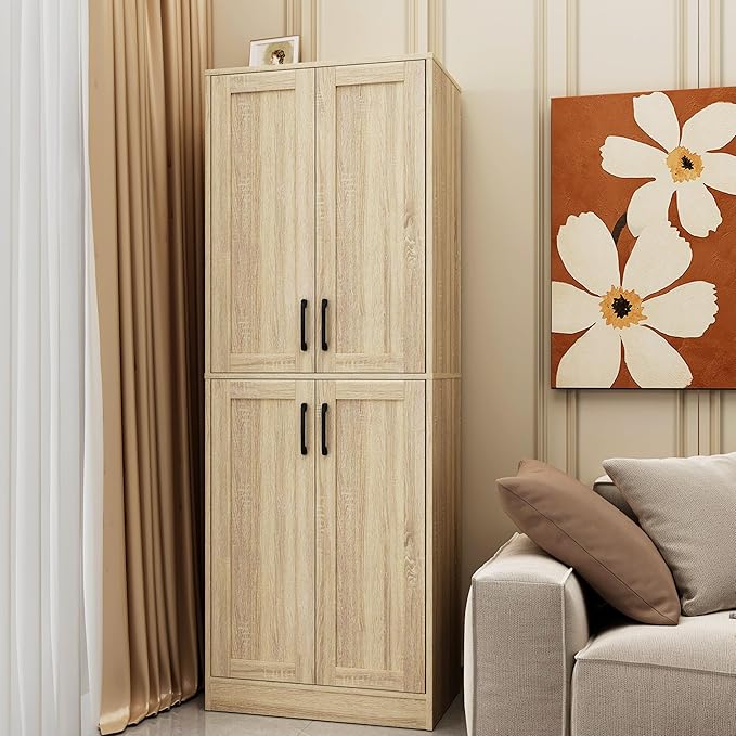 Storage Cabinet, Kitchen Cabinet with Doors & Shelf, Tall Storage Cabinet for Bathroom, Living Room, Entryway,Natural-Ruum Studio Home