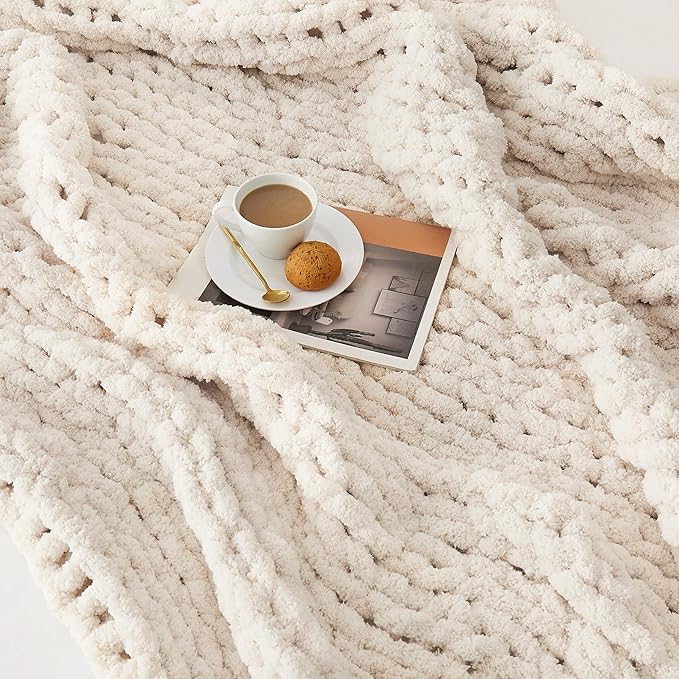 L'AGRATY Chunky Knit Blanket Throw: 80''x90'' Chenille Chunky Knitted Throw Blanket for Bed Couch - Handmade Thick Big Cable Knit Blanket - Large Chunky Crochet Rope Blanket for Home Decor(Ivory)-Ruum Studio Home