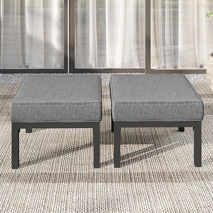 Solaste Outdoor Footstools Patio Ottoman Set of 2, Aluminum All-Weather Outdoor Footrest Seat with Removable Cushions, Patio Furniture Ottomans for Garden, Backyard, Poolside-Gray-Ruum Studio Home