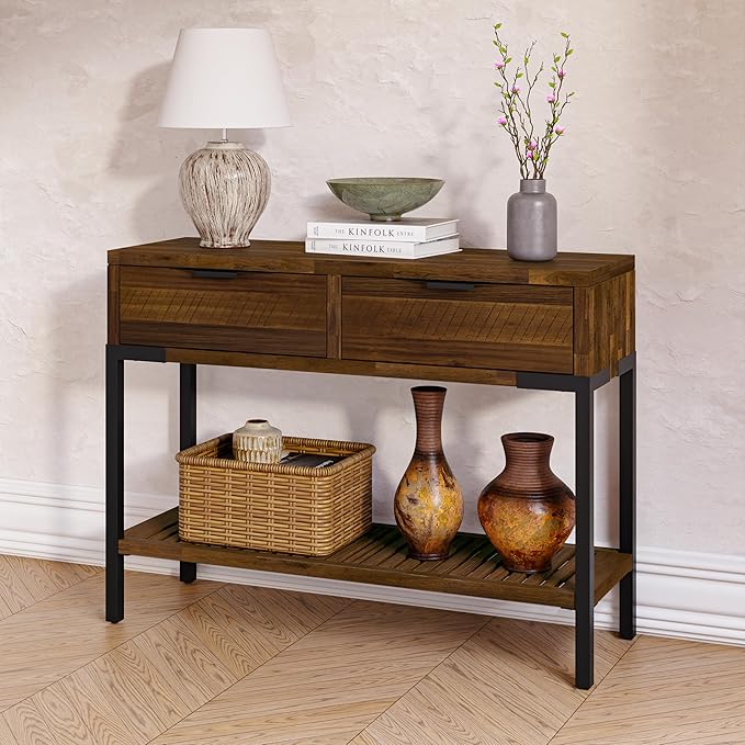 Bme Millie Farmhouse Solid Wood Console Table with 2 Drawers & Storage Shelves, 43" Boho Sofa Table for Entryway, Hallway, Living Room, Rustic Chestnut-Ruum Studio Home