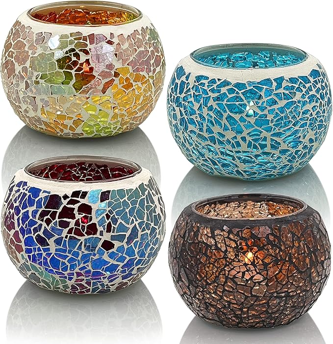 SHMILMH Mosaic Glass Candle Holder Set of 4, Votive Candle Holders Handmade Cracked Tealight Holders for Fall Christmas Diwali Home Decorations, Diwali Gift-Ruum Studio Home