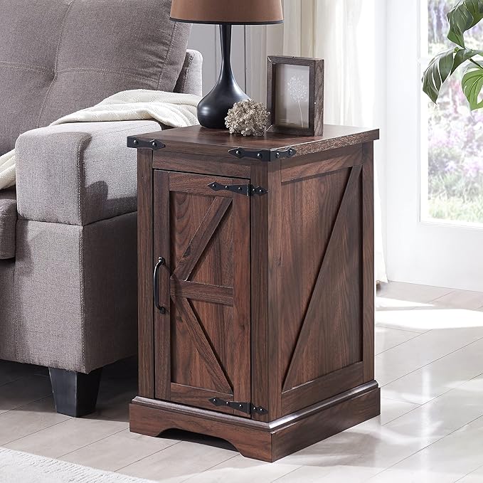 JXQTLINGMU Nightstand with Charging Station, Rectangular Farmhouse End Table with Barn Door and Adjustable Storage Shelf, 17" Deep Wood Rustic Sofa Side Table for Living Room, Bedroom, Brown-Ruum Studio Home