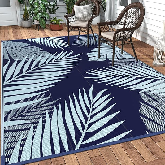 GENIMO Outdoor Rug 5' x 8' Waterproof for Patios Clearance, Reversible Outdoor Plastic Straw Camping Rug Carpet, Large Area Rugs Mats for RV, Camper, Deck, Balcony, Porch, Beach, Navy Blue&Baby Blue-Ruum Studio Home