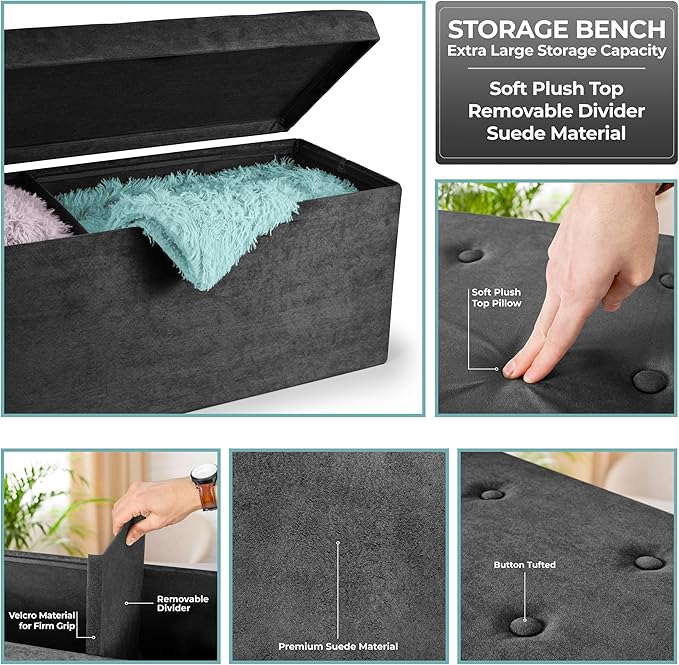 Sorbus Storage Ottoman Bench – for Living Room, Hallway, End of Bed, Bedroom Bench 43 in Large Folding Chest Seat Trunk w/Cover – Blankets, Coffee Table, Foot Rest– Tufted Velvet Linen Fabric (Black)-Ruum Studio Home