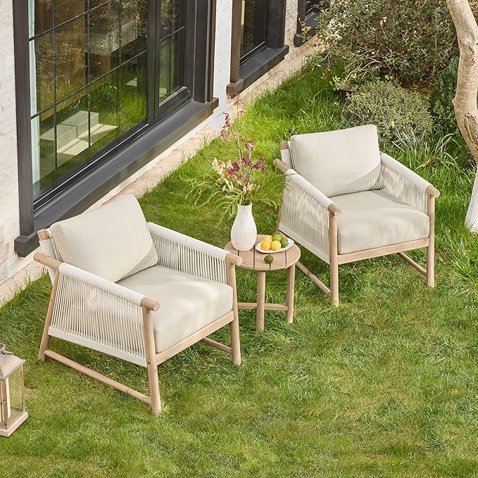CHITA Boho Patio Rattan Chair Set of 2, Outdoor Wicker Chair with 7.1″ Thickened Cushions Acacia Wood Frame(Cream)-Ruum Studio Home