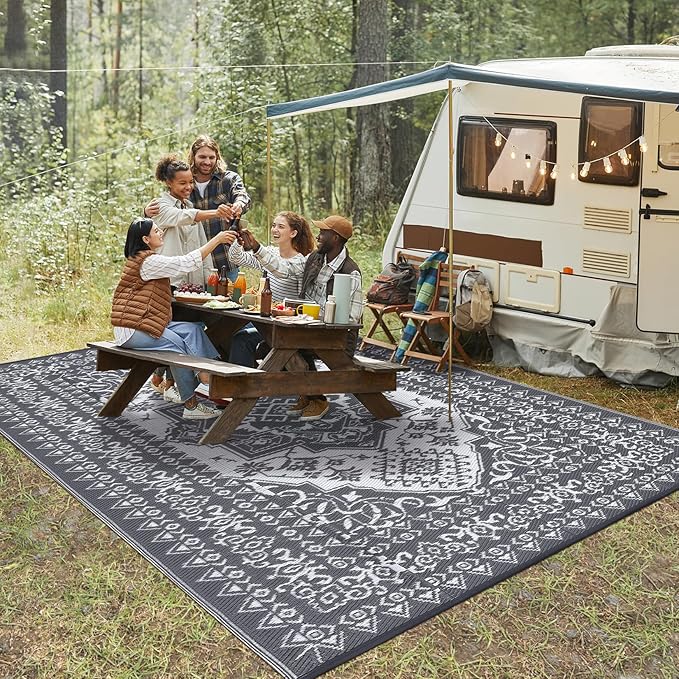 GAOMON Outdoor Patio Rug 9x12 Waterproof Reversible Plastic Straw Rug, Large UV-Resistant Portable RV Camping Mats, Indoor Outdoor Rugs for Outside Deck Porch Garden RV, Gray & White-Ruum Studio Home