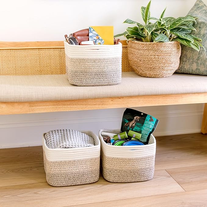 NaturalCozy Storage Cubes 9”x9”x7”Cotton Rope Woven Baskets for Organizing 3-Pack | 9 Inch Cube Storage Bin | Small Basket for Shelf Nursery, Pantry, Decorative Plant, Bathroom Closet, Toy Gift-Ruum Studio Home