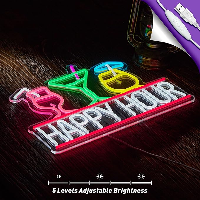 Happy Hour Neon Sign for Wall Decor Beer Bar Signs, USB Powered Dimmable LED Art Lights for Bar Pub Man Cave Party Club-Ruum Studio Home