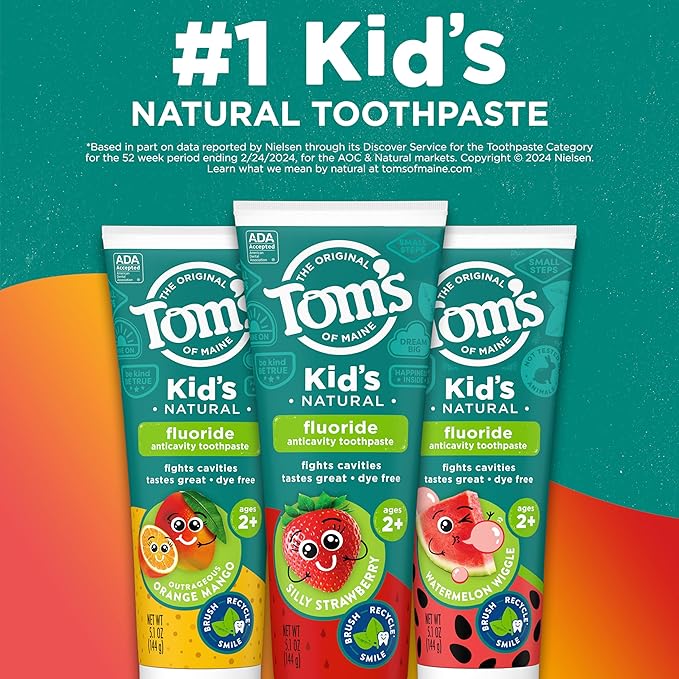 Tom's of Maine Anticavity Kids Natural Toothpaste Variety Pack, Strawberry, Orange Mango, Watermelon Flavors, Kids Toothpaste with Fluoride, Safe for Ages 2 and Up, 5.1 oz (Pack of 3)-Ruum Studio Home