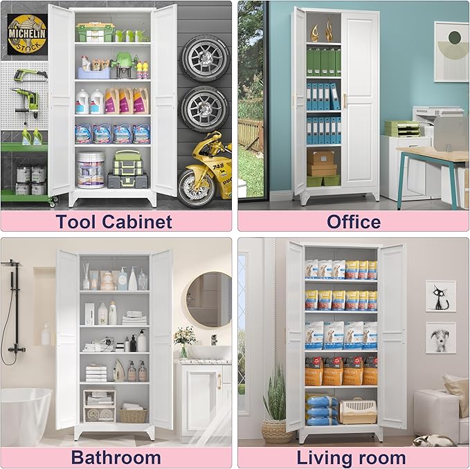 75" Storage Cabinet, Metal Pantry Cabinet, Kitchen Pantry Storage Cabinets with Doors and 4 Shelves, Cabinets for Laundry Room, Living Room, Dinning Room, Assembly Required, White-Ruum Studio Home