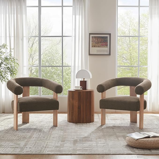 VKNOW Accent Chair Living Room Chair Set of 2, Modern Upholstered Armchair with Solid Wood Legs, Comfy Barrel Arm Chairs for Living Room Bedroom, Brown-Ruum Studio Home