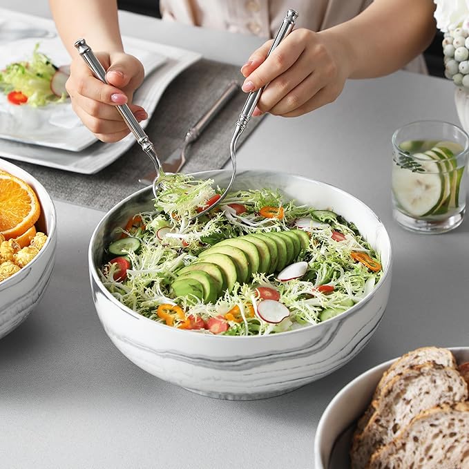 MALACASA Salad Bowls, 114 OZ(10") Extra Large Serving Bowls Set of 2, Porcelain Marble Grey Bowls Set for Soup, Salad, Ramen and Fruit, Dishwasher& Microwave Safe, Series REGULAR-Ruum Studio Home