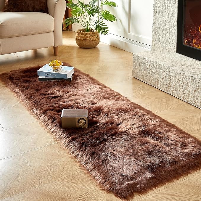 AMTOVO Faux Fur Rug, Coffee Ultra Soft Fluffy Shag Sheepskin Rug, 2 x 6 ft Runner Area Rugs for Bedroom Sofa Throw Cushion Room Decor, Rectangle-Ruum Studio Home