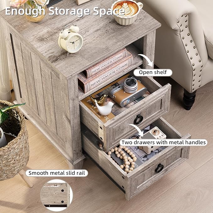 18" Farmhouse Night Stand with Charging Station, 2 Drawers End Table Dresser for Bedroom, Oak Wooden Nightstand, Bed Side Table with Open Shelf, Bedside Cabinet for Living Room, Closet-Ruum Studio Home
