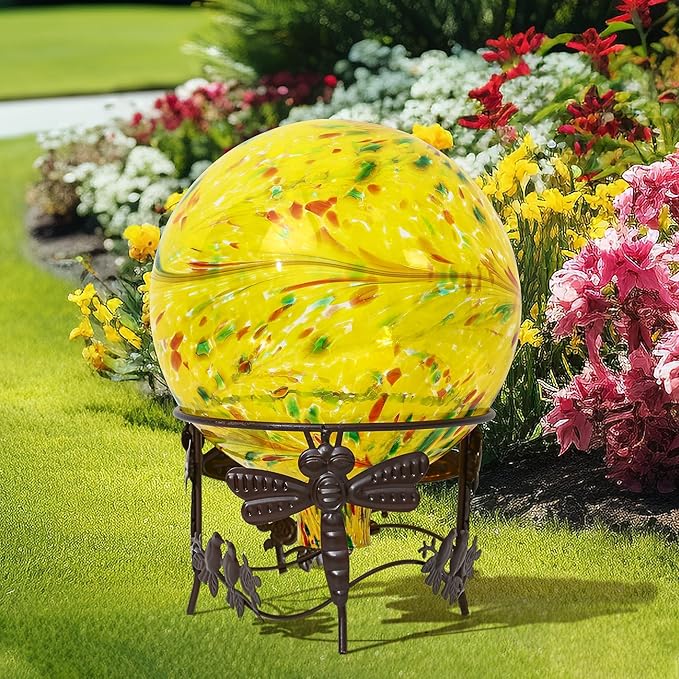 Gazing Ball 10 inch Colorful Glass Gazing Ball for Garden Decor, Indoor Outdoor Glass Gazing Globe Yard Decoration, Yellow-Ruum Studio Home