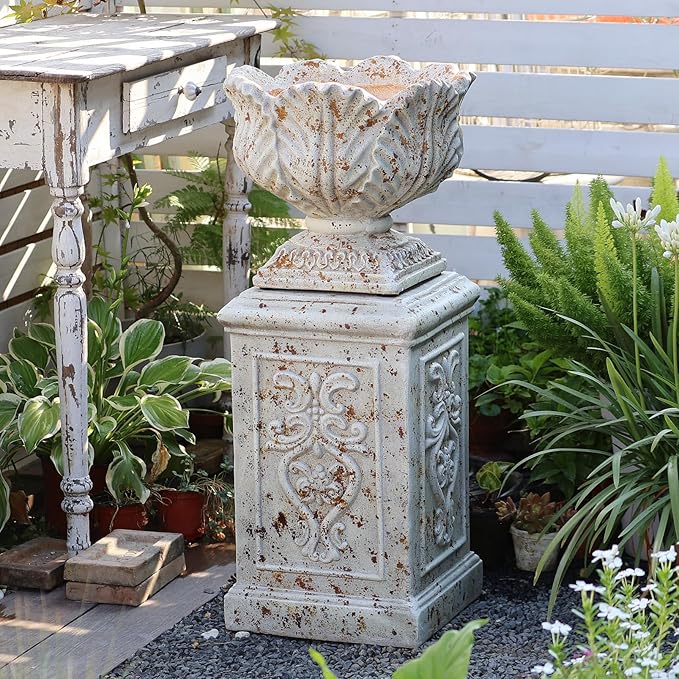 Vintage Garden Urn Planter with Pedestal, Cement and Fiber, Maked Antique, Decorative Leaf Pattern, 14.2x11.8 Inch Pot with 19.3 Inch Stand, Wrap Foam Safely Delivered from Local Warehouse (Antique)-Ruum Studio Home