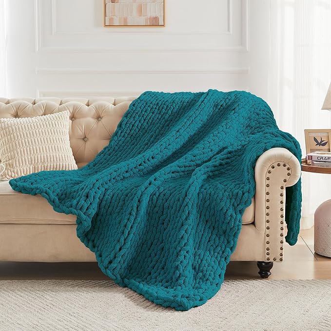 Carriediosa Chunky Knit Throw Blanket 60" X 80" Twin, 100% Hand Made Large Chenille Loop Yarn Soft Fluffy Throws for Couch Sofa Bed, Big Crochet Cozy Heavy Thick Cable Woven Blankets, Teal-Ruum Studio Home