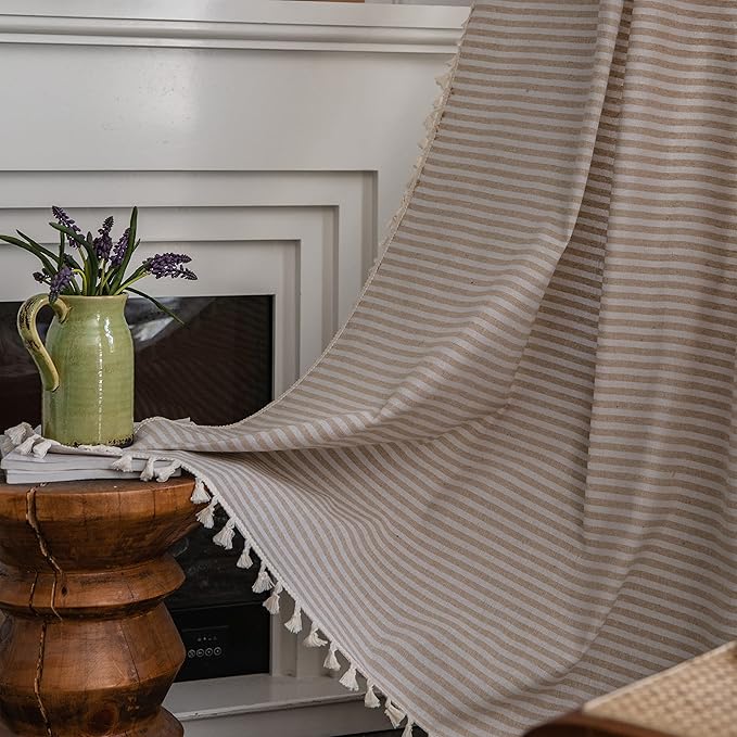 Sutuo Home Boho Curtain 84 Inches Length, Beige Stripes Print Curtain with Handmade Tassels, Rod Pocket Window Treatment Vintage Rustic Bohemian Farmhouse Drape for Bedroom 1 Panel 59" W x 84" L-Ruum Studio Home