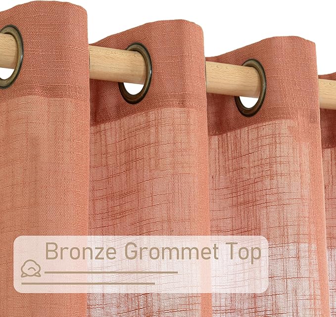 LAMIT Natural Linen Semi Sheer Curtains 48 Inch for Short Windows, Light Filtering Curtains Farmhouse Boho Bronze Grommet Drapes for Kitchen/Loft Room, 2 Panels (34 x 48 Inch, Terracotta)-Ruum Studio Home