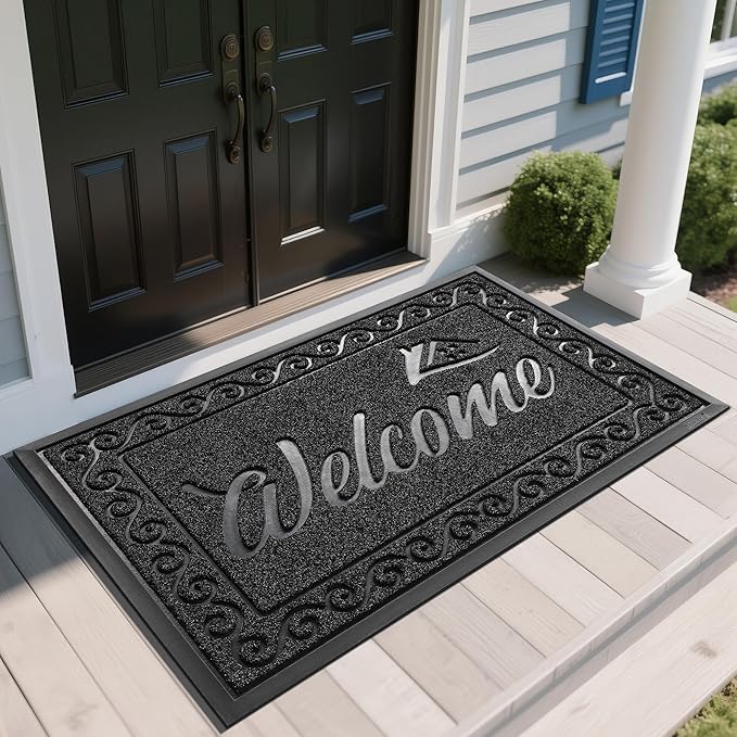Yimobra Welcome Mat, Heavy Duty Sturdy Door Mats for Home Entrance Outdoor Indoor, Front Doormat for Outside Patio Floor Entry Porch Garage Office, Waterproof, Low Profile, 60 x 36, Black-Ruum Studio Home