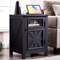JXQTLINGMU Farmhouse End Table with Charging Station, 18'' Rustic Nightstand with Barn Door & Adjustable Shelf, Wooden Sofa Side Table with 3-Tier Storage for Living Room, Bedroom, Black-Ruum Studio Home