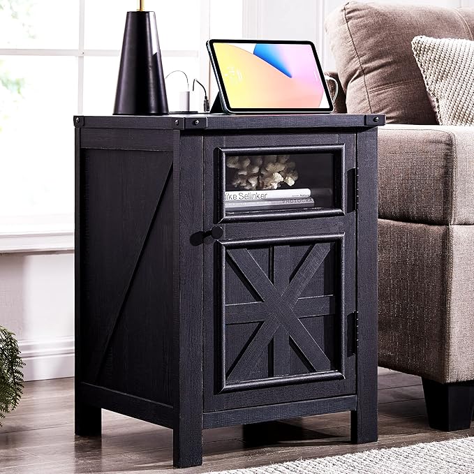 JXQTLINGMU Farmhouse End Table with Charging Station, 18'' Rustic Nightstand with Barn Door & Adjustable Shelf, Wooden Sofa Side Table with 3-Tier Storage for Living Room, Bedroom, Black-Ruum Studio Home